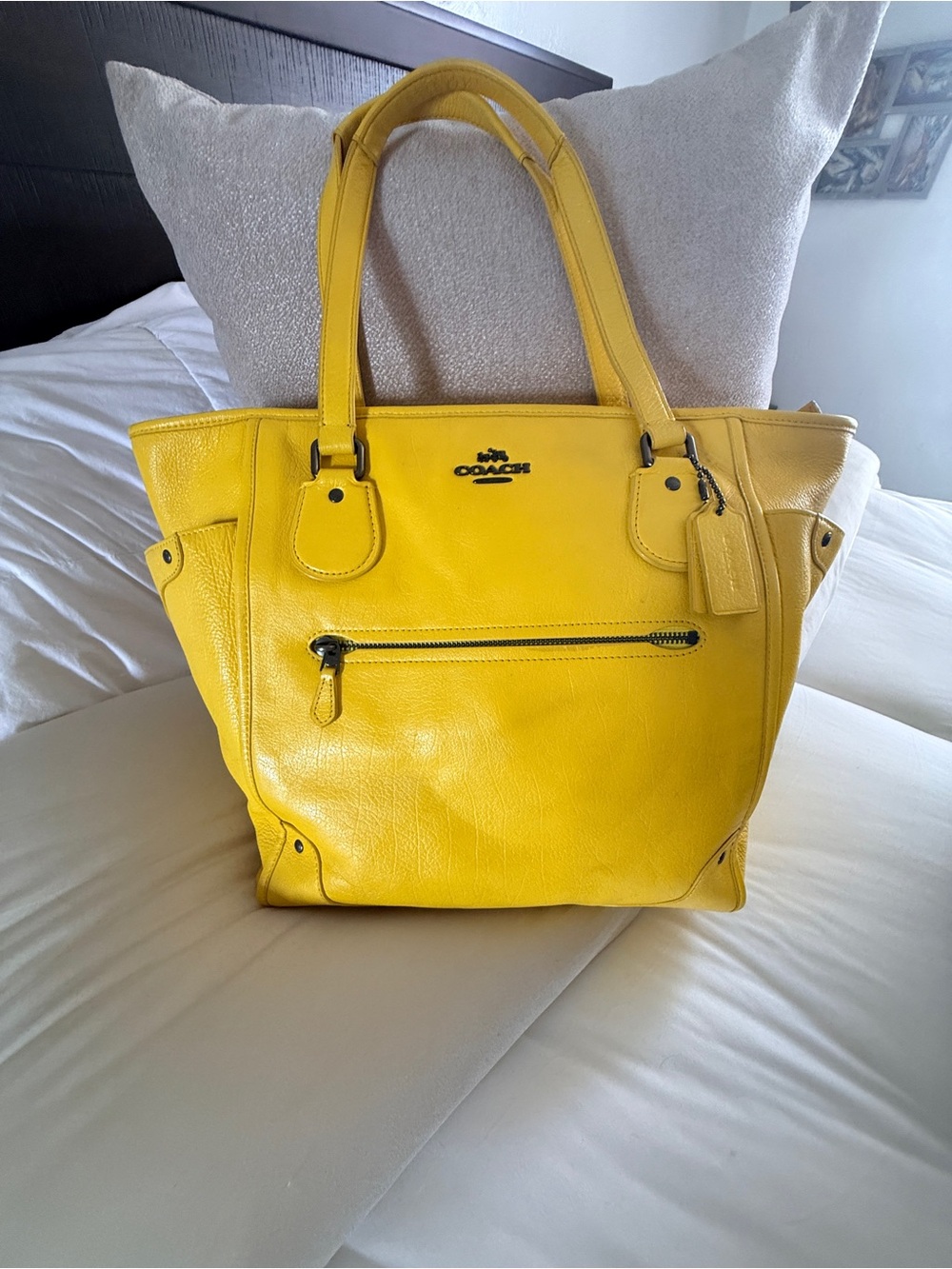 Coach Bright Yellow Leather Tote with Front Zip Pocket